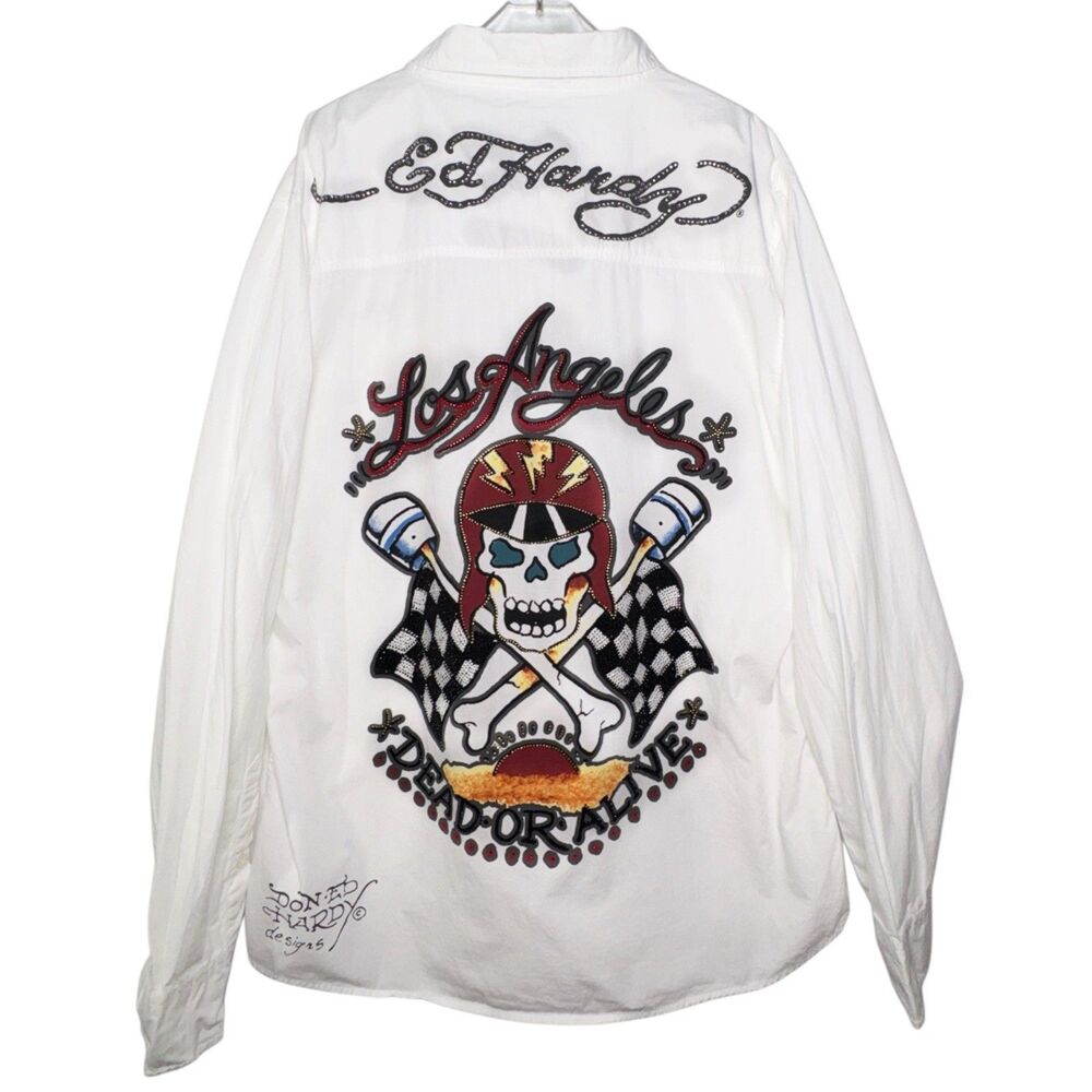 Ed Hardy Shirt Men's XL Christian Audigier White Dead Or Alive Biker Skull Y2K